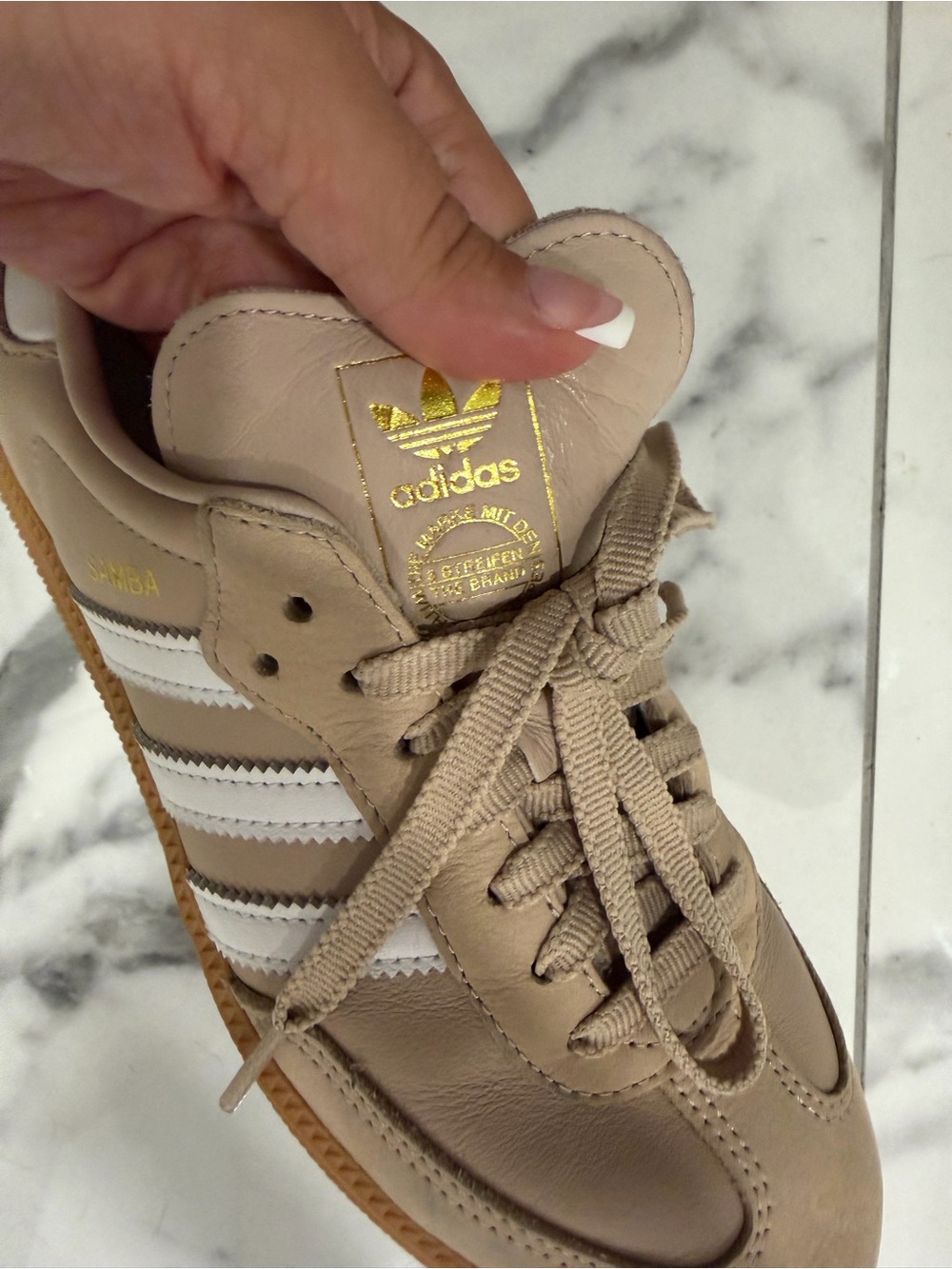 adidas Samba Sneakers in Beige with White Stripes and Gum Sole - Picture 2 of 4